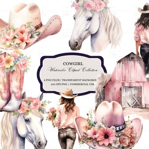 Watercolor Cowgirl Clipart, Pastel Cowgirl Clipart, Barn Clipart, Horse, Cowgirl Boots, Cowgirl Hat, Commercial Use, Sublimation Art