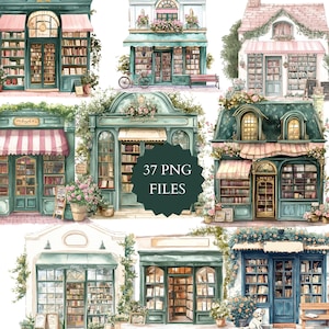 Clipart aquarelle librairie, librairie shabby chic, librairie lunatique, livres anciens, clipart romantique, librairie vintage, librairie ancienne