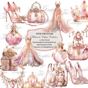 Tema de princesa rosa aquarela clipart, clipart de moda, vestido rosa, coroa rosa, arte de moda, clipart de moda de luxo, acessórios de moda