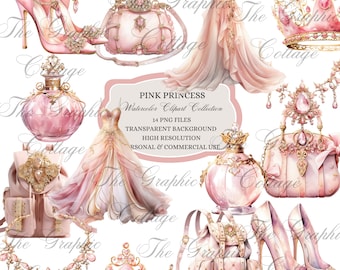 Watercolor Pink Princess Theme Clipart, Fashion Clipart, Pink Dress, Pink Crown, Fashion Art, Luxury Fashion Clipart, Fashion Accessories