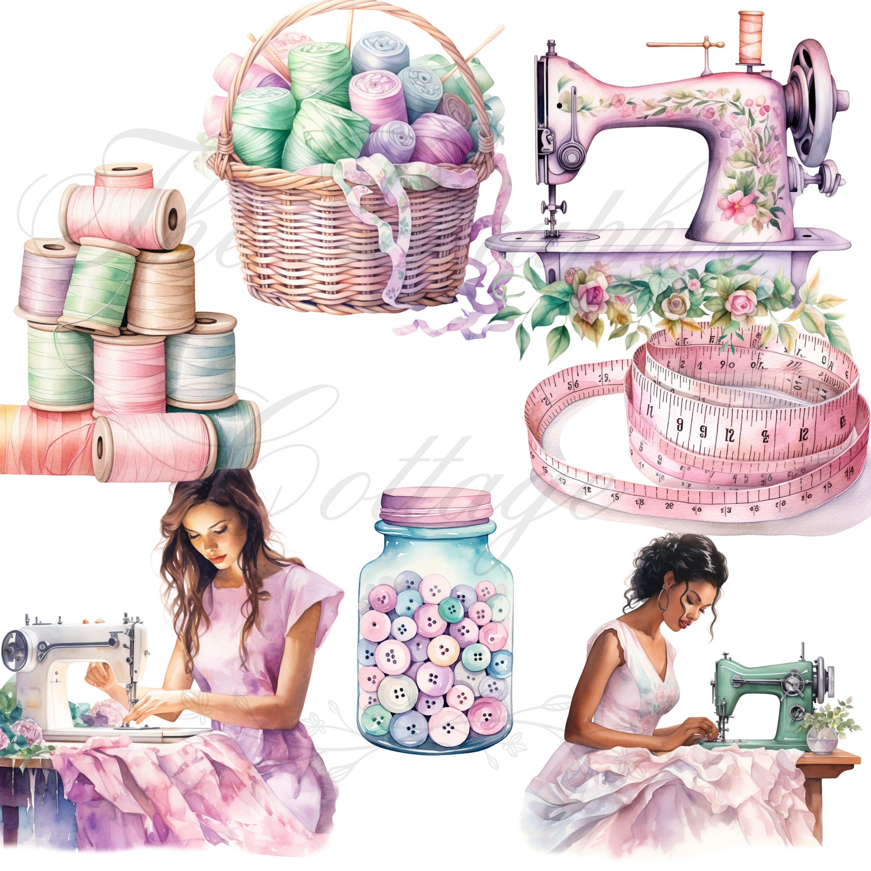 Watercolor Sewing Clipart: Sewing Machine, Thread PNG Files (digital ...