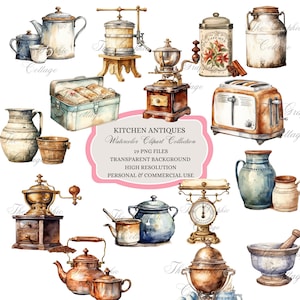 Może przedstawiać: Kolekcja 19 akwarelowych ilustracji vintage artykułów kuchennych, w tym młynek do kawy, toster, czajnik, cukiernica, dzbanek do mleka, masielnica, waga, moździerz i tłuczek oraz dzbanek. Ilustracje są w stylu vintage z wyblakłym, zużytym wyglądem. Tekst "KITCHEN ANTIQUES Watercolor Clipart Collection" jest zawarty w obrazie.