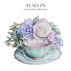 Clipart acquerello del tè pomeridiano, romantico tea party, clipart di tazze da tè, arte murale, collezione di tè, tazze da tè carine, tazze floreali, tazze da tè pastello