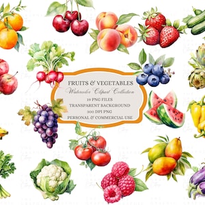 Aquarell Obst und Gemüse Clipart, Obst Clipart, Gemüse Clipart, Kunst für Menüplaner, Rezept, Sublimation, Kunst, Print on Demand