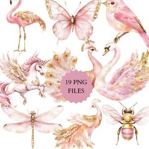 Aquarell wunderliche Clipart, Magische Clipart, Rosa und Gold Clipart, Wand-Kunst, Vögel, Schmetterling, Libelle, Schöne magische Sammlung