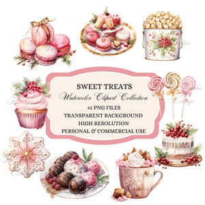 Zoete lekkernijen aquarel clipart, kerstdessert, aquarel snoep clipart, kerstgeest, cookie, cupcake, macaron, sublimatie