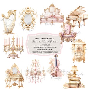 Clipart de estilo vitoriano em aquarela, Maria Antonieta, design de estilo francês, lustre, estilo romântico, clipart de aquarela