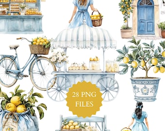 Könnte beinhalten: Ein Aquarell-Illustrationsset mit 28 PNG-Dateien, das eine Zitronen-Markt-Szene zeigt. Das Set beinhaltet einen Zitronenwagen, ein Fahrrad mit einem Korb voller Zitronen, eine Frau, die einen Korb voller Zitronen hält, eine Bank mit einem Korb voller Zitronen, einen Zitronenbaum in einem blau-weißen Topf und eine blaue Tür mit einem Zitronen-Kranz.