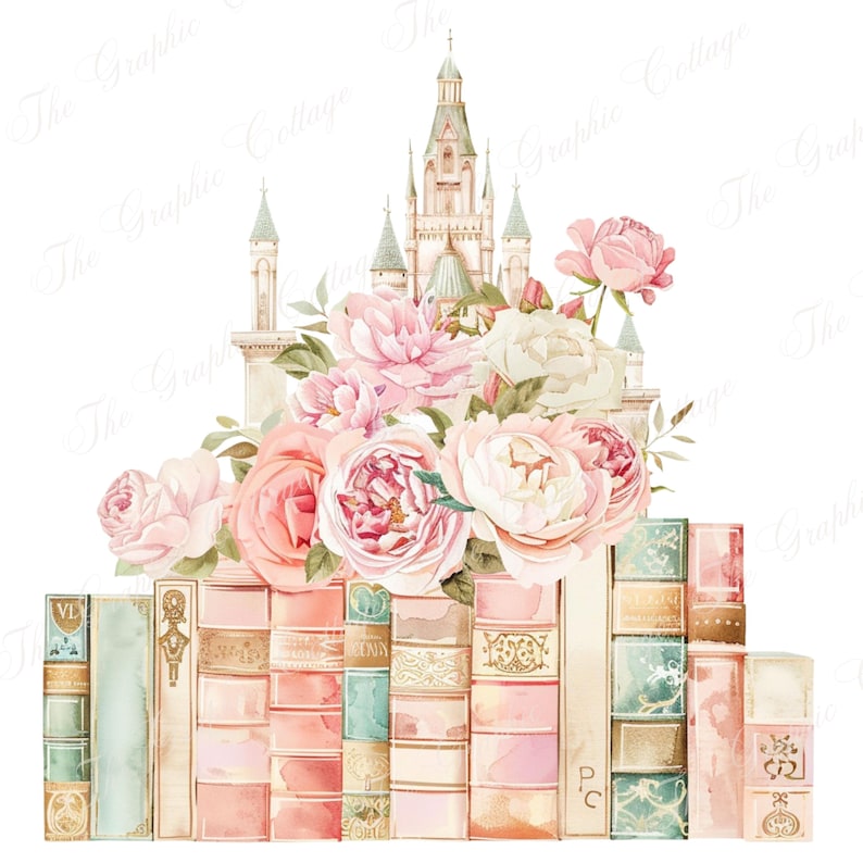 Turret And Roses Watercolor Floral Book Stack Clipart | Eiffel Tower & Castle (PNG Files ...