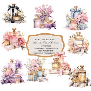 May include: A set of 10 watercolour illustrations of perfume bottles with bows, flowers, and gift boxes. The illustrations are in shades of pink, purple, and gold. The text "PERFUME GIFT SET Watercolor Clipart Collection 15 PNG FILES TRANSPARENT BACKGROUND HIGH RESOLUTION PERSONAL & COMMERCIAL" is on a gold label.