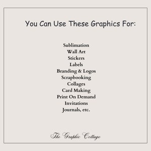 Pode incluir: Um gr&aacute;fico de texto branco sobre um fundo cinza lista v&aacute;rios usos para gr&aacute;ficos digitais, incluindo sublima&ccedil;&atilde;o, arte de parede, adesivos, etiquetas, branding, scrapbooking, colagens, cria&ccedil;&atilde;o de cart&otilde;es, impress&atilde;o sob demanda, convites, di&aacute;rios, etc. O texto na parte inferior diz "The Graphic Cottage".