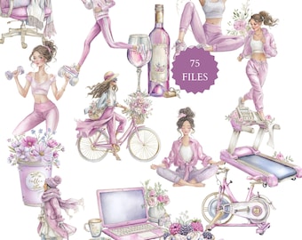 Clipart de mujer bienestar / Acuarela Fitness y estilo de vida saludable PNG (75 archivos)
