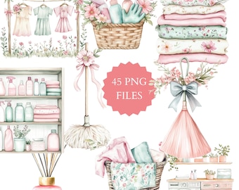 May include: A watercolor illustration set of 45 PNG files featuring various cleaning and laundry themed items. The set includes a basket of cleaning supplies, a broom, a laundry basket with towels, a shelf with cleaning products, a clothesline with laundry, and a washing machine.