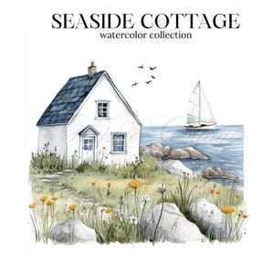 Aquarell Seaside Cottage Clipart, Strandhaus, Kunst am Meer, Segelboot, Kanu, Ozean Szene, Strand, Meer entkommen