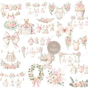 Peut inclure: Illustrations à l'aquarelle de vêtements de bébé, d'arrangements floraux et d'un ours en peluche dans des tons roses et crème. L'image comprend une poussette, un papillon et le texte "33 FILES".