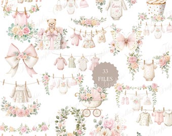 Baby Shower Clothesline Clipart, Pink Sage Floral Baby Clothes, Neutral Nursery Watercolor PNG
