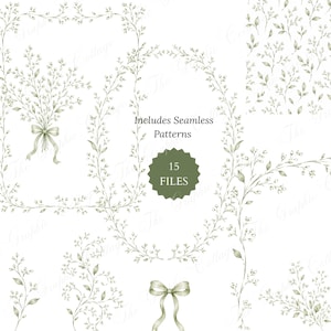 May include: A collection of digital graphic assets featuring watercolor-style sage green botanical illustrations, including floral frames, sprigs, and bows. The text Includes Seamless Patterns and 15 FILES is centered on the white background.