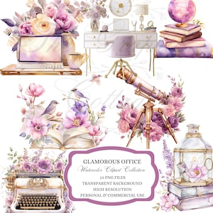 Clipart per ufficio, ufficio glamour, clipart rosa e viola, arte per ufficio, ufficio domestico, arte per pianificatore, diario, taccuino, arte della macchina da scrivere,