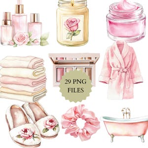Aquarell Spa Clipart, Romantisches Spa, Rosa und Creme Clipart, Wandkunst, Spa-Kollektion, Niedlicher Bademantel, Spa-Grundlagen, Spa