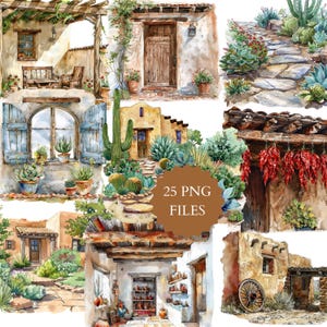 Aquarel Adobe Architecture, Santa Fe-stijl, Spaans huis, Cactus en vetplanten, gedroogde pepers, Mexicaanse stijl, buitenkeuken, terras
