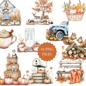 May include: A set of 44 digital clipart images featuring autumnal themes. The images include pumpkins, fall leaves, a vintage truck, a mailbox, a door, a bench, a basket of apples, a cup of coffee, and squirrels. The images are perfect for creating fall-themed crafts, cards, and other projects.