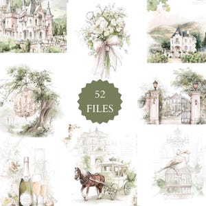May include: Watercolor illustrations featuring a castle, a bouquet of white flowers with a pink ribbon, a house in a vineyard, a chandelier hanging from a tree, a gate, a carriage, a champagne bottle with glasses, and a bird in a cage. The image includes the text "52 FILES".