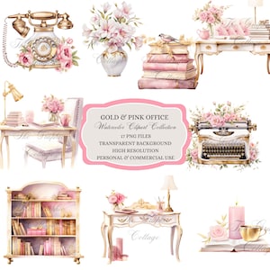 Pode incluir: Uma cole&ccedil;&atilde;o de clipart de aquarela de decora&ccedil;&atilde;o de escrit&oacute;rio dourada e rosa, incluindo uma m&aacute;quina de escrever vintage, um telefone de disco, uma estante, uma l&acirc;mpada de mesa, um vaso de flores e uma pilha de livros. O texto "GOLD & PINK OFFICE Watercolor Clipart Collection" est&aacute; escrito em uma faixa rosa.
