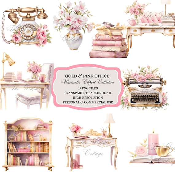 Gold & Pink Office Clipart: Watercolor PNG Files (Digital Download)