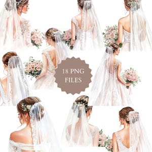 Aquarell Braut Clipart, Schöne Braut, Braut mit Blumenstrauß, Braut Clipart, Hochzeitseinladung, Hochzeitskleid, Kleid mit Schleier