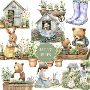 Aquarell verzauberter Garten Clipart, Secret Garden, Kaninchen, Bär, Mama und Tochter, Blumenpflanzen, Blumengarten, Kräuter, Lavendel, Pflanze