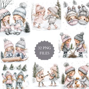 Aquarell niedliche Mädchen im Schnee Clipart, schöne Mädchen, Zwillinge, spielen im Schnee, Schwestern, Freunde, genießen den Winter, tanzen, Spaß