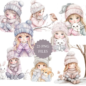 Clipart di ragazza carina ad acquerello, bella ragazza in inverno, ragazza con il suo cucciolo, gatto e coniglio, ragazza che legge, uccello che canta alla ragazza, felice