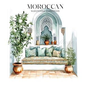 Clipart marocain aquarelle, jardin marocain, décoration marocaine, graphiques aquarelles, clipart esthétique marocaine, escapade marocaine