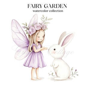Aquarelle fée jardin des cliparts, fée, jolie fête du thé féerique, jardin des fées, fête d'anniversaire, clipart fée, fée avec lapin, goûter