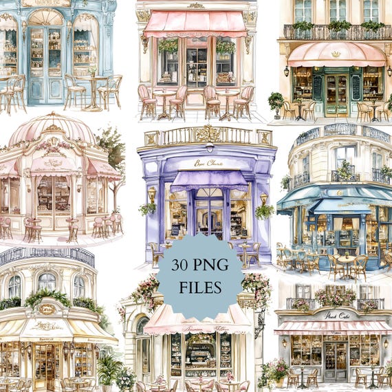 Watercolor Paris Cafe Clipart, Coffee Shop PNG (Digital Download)