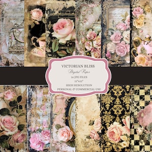 Rosa und schwarzes schillerndes Papier mit Golddesigns, Shabby Chic Papier, verträumt und romantisch, Vintage, Scrapbook digitales Papier, viktorianisch