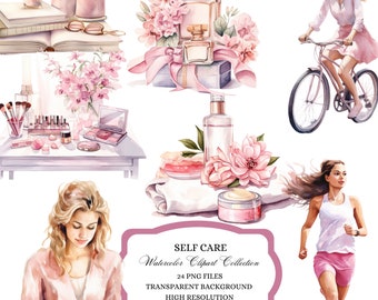 Könnte beinhalten: Eine Sammlung von Aquarell-Clipart-Elementen zum Thema Selbstpflege, darunter eine Frau, die ein Buch liest, eine Frau, die rennt, eine Frau, die Fahrrad fährt, eine Flasche Parfüm, eine Flasche Lotion, ein Glas Creme, ein Blumenstrauß und ein Make-up-Set. Der Text "SELF CARE Watercolor Clipart Collection 24 PNG FILES TRANSPARENT BACKGROUND HIGH RESOLUTION PERSONAL & COMMERCIAL USE" ist auf einem rosa Banner abgebildet.