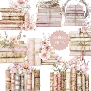 Livros Clipart, Livros, Livros Marfim e Rosa, Arte para Escritório, Floral Rosa, Diário, Caderno, Arte de Parede de Livro, Livro Dourado, Flores Marfim e Rosa