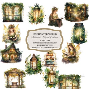 Clipart monde enchanté, clipart aquarelle, forêt enchantée, chalet, livre, lanterne, magie, monde fantastique, clipart jardin féerique, magique