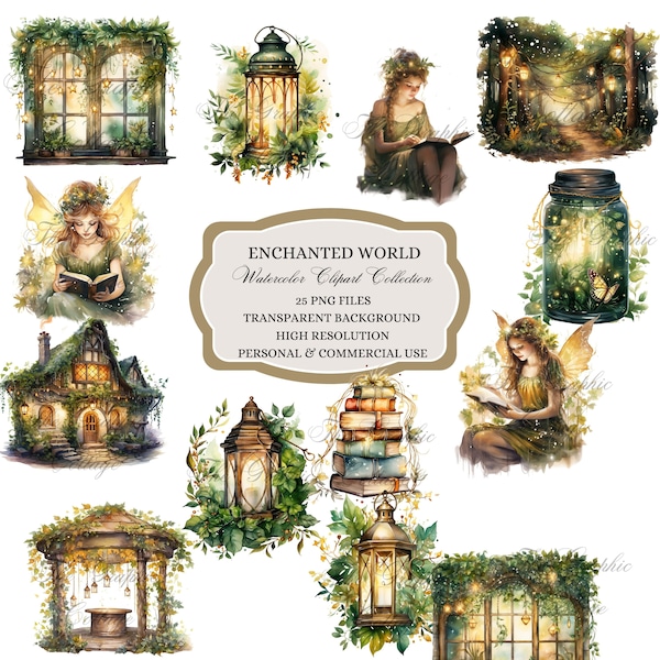 Enchanted World Clipart, Watercolor Clipart, Enchanted Forest, Cottage, Book, Lantern, Magic, Fantasy World, Fairy Garden Clipart, Magical