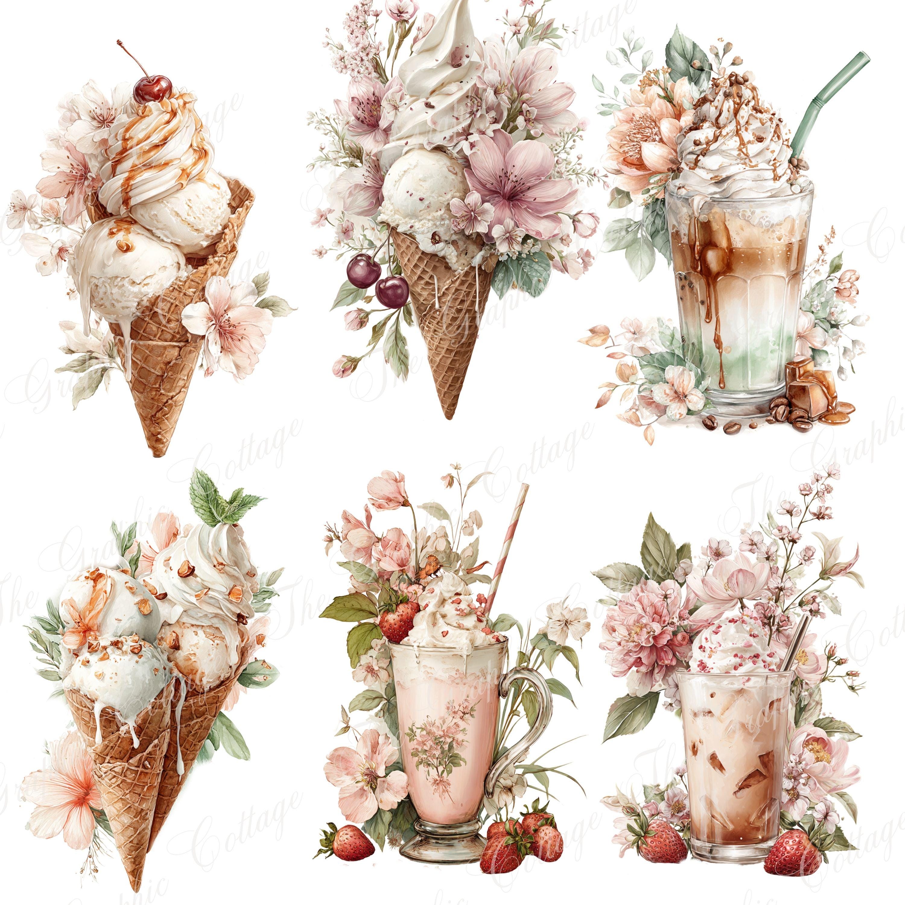 Watercolor Ice Cream Clipart: Pastel Summer Dessert Illustrations PNG