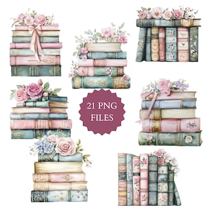 Può includere: Illustrazioni ad acquerello di libri impilati nei toni del rosa, blu e oro, adornati da composizioni floreali. L'immagine include il testo "21 PNG FILES" in una forma circolare bordeaux.