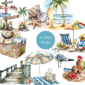 Aquarell Strand Clipart, Romantischer Strand, Sommerurlaub Clipart, Sommer Clipart, Süßer Strand, Strandschirm, Familienurlaub Clipart