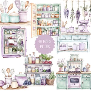 Aquarell Küche Clipart, romantische Küche, Lila und Minze Küche, Backzubehör, Spülbecken, Herd, Vorratskammer