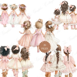 May include: Digital illustration of several young girls in pastel dresses, holding hands. The girls have various hairstyles, including braids and bows. The image includes the text "20 FILES" on a circular label.