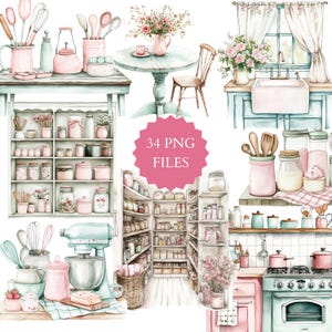 Aquarell Küche Clipart, romantische Küche, Rosa und Mint Küche, Backzubehör, Spülbecken, Herd, Vorratskammer