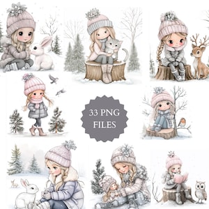 Aquarell, süßes Mädchen im Schnee Clipart, schönes Mädchen, Kaninchen, Rentier, Eule, Schneefreunde, Mädchen lesen, Mädchen spielen im Schnee, Winter