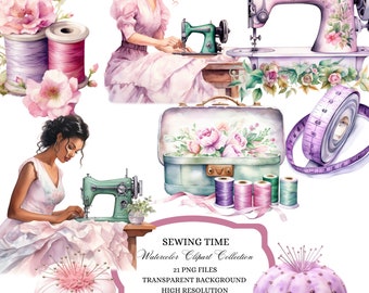 May include: A watercolor clipart collection of sewing themed illustrations. The set includes a vintage sewing machine, a woman sewing, spools of thread, a sewing box, a measuring tape, a pincushion, and floral elements.  The text "SEWING TIME Watercolor Clipart Collection 21 PNG FILES TRANSPARENT BACKGROUND HIGH RESOLUTION PERSONAL & COMMERCIAL USE" is included in the image.