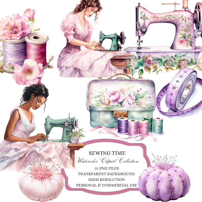Watercolor Sewing Clipart: Sewing Machine, Thread PNG Files (digital ...