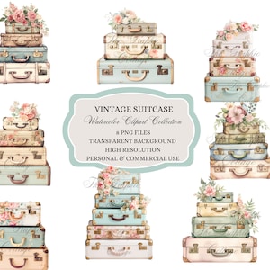 Imágenes prediseñadas de maleta vintage de acuarela, imágenes prediseñadas de maleta floral, imágenes prediseñadas de maleta floral vintage, maleta, maleta vintage para arte